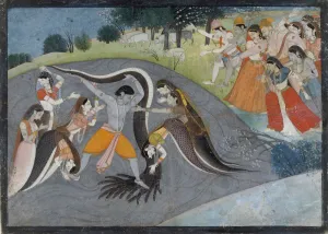 Sari Prints: Krishna Subduing Kaliya, the Snake Demon: Folio from a Bhagavata Purana Series, ca