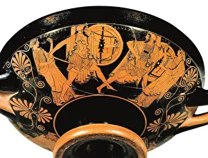 Kylix: Menelaus pursues Paris as Aphrodite and Artemis watch on, c470 BC. Creator: Douris (active ca. 490-460 BC)