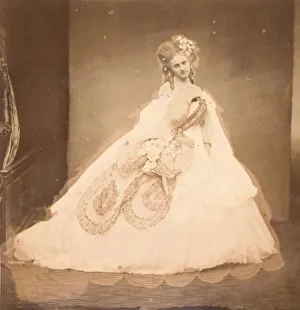 Oldoini Virginia Prints: La Bisi. Boudoir, robe velour gris, moire rose, fleurs roses, feuilles grises (de sa mai