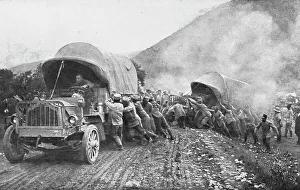 Macedonia Greece Prints: La Campagne Macedonienne; le ravitaillement par camions automobiles sur la route de Florina