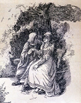 Barcelonés Gallery: La Celestina, 1883, engraving with Calixto and Melibea under the tree