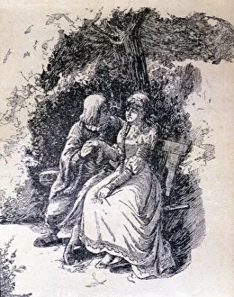 Matchmaker Prints: La Celestina, 1883, engraving with Calixto and Melibea under the tree