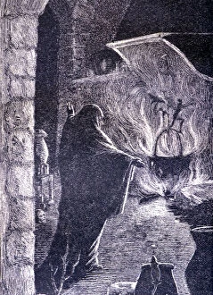 Barcelonés Gallery: La Celestina, 1883, engraving with the Celestina making a spell