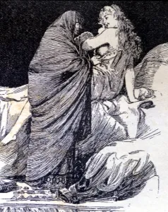 Matchmaker Prints: La Celestina wakes Melibea, engraving in La Celestina by Fernando de Rojas