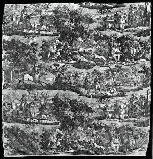 Stag Gallery: La Chasse àRouen (Hunting at Rouen) (Furnishing Fabric), Rouen, 1840