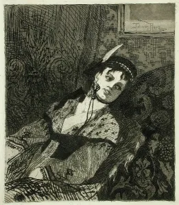 Rops Felicien Prints: La Femme à la toque écossaise, 1865. Creator: Félicien Rops