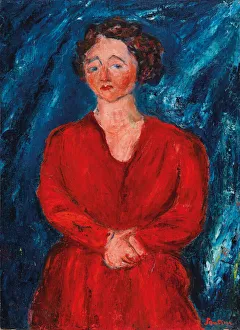 Chaim 1893 1943 Prints: La Femme en rouge au fond bleu, ca 1928. Creator: Soutine, Chaim (1893-1943)