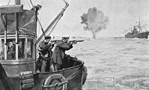 La flotte d'avant-garde; le dragage des mines. Une mine remotee a la surface fait explosion...1916 Creator: Frederic de Haenen