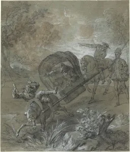 Stretcher Prints: La Rancune en brancard, abattu dans le bourbier, 1726. Creator: Jean-Baptiste Oudry