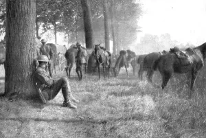 La rupture de Chemin des Dames; entre l'Ourcq et la Marne: halte de cavaliers amercains, 1918. Creator: Unknown