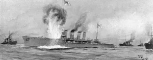 La surveillance de la mer; l''Amphion touchait une mine et coulait en quelques instants, 1914. Creator: Henri Rudaux