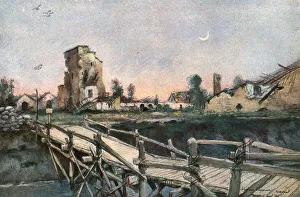 Sandbags Prints: La Tour des Templiers et le canal de Furnes a Nieuport. c1915. Creator: Unknown