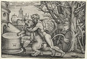 The Labors of Hercules: Hercules Strangling the Nemean Lion, 1548. Creator: Hans Sebald Beham