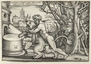 The Labors of Hercules: Hercules Strangling the Nemean Lion, 1548. Creator: Hans Sebald Beham