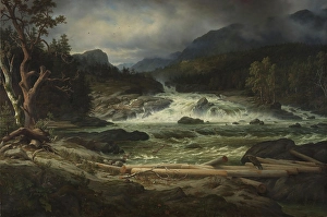 Logging Prints: The Labro Falls at Kongsberg, 1837. Creator: Thomas Fearnley