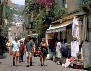 Tourist Prints: Lace shops, Via Teatro Greco, Taormina, Sicily, Italy