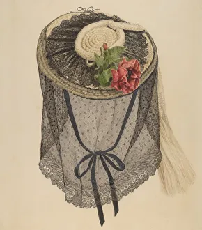 Millinery Prints: Lace and Straw Bonnet, c. 1940. Creator: Henry De Wolfe