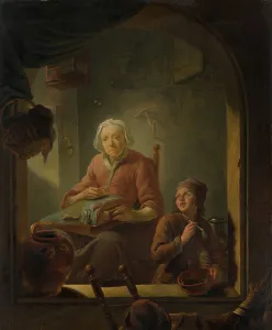 Floating Prints: A Lacemaker, with a Boy Blowing Bubbles. Creator: Louis de Moni