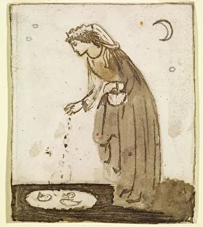 Ladies and Animals Sideboard - Good and Bad Animals - Study of a Lady Feeding Goldfish, 1860. Creator: Sir Edward Coley Burne-Jones