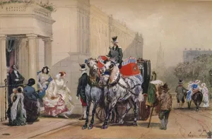 Ladies Entering Their Carriage in Belgrave Square, 19th century. Artist: Eugene Louis Lami Ladies Entering Their Carriage in Belgrave Square, 19th century. Artist: Eugene Louis Lami