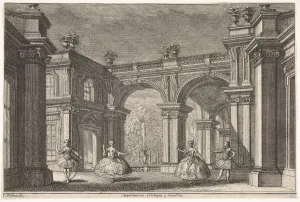 Etiquette Prints: Two ladies and two gentlemen dancing within an ornate architectural setting