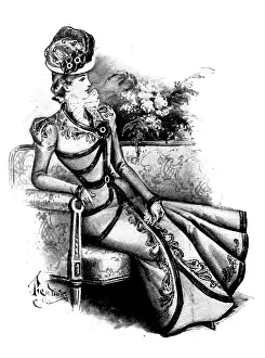 Satin Prints: Ladies Page: costume of green cloth piped with black satin