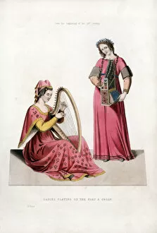 Henry Shaw Gallery: Ladies Playing on the Harp and Organ, early 14th century, (1843).Artist: Henry Shaw