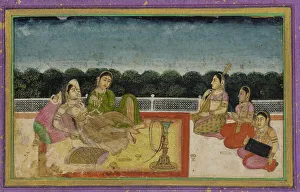 Sitar Prints: A Lady and attendant on a terrace at evening, with three women musicians, 18th century
