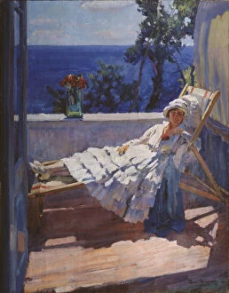 A lady on the balcony, 1916. Artist: Vinogradov, Sergei Arsenyevich (1869-1938)