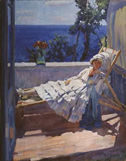 A lady on the balcony, 1916. Artist: Vinogradov, Sergei Arsenyevich (1869-1938) A lady on the balcony, 1916. Artist: Vinogradov, Sergei Arsenyevich (1869-1938)