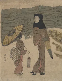 Lady with Black Hood and Umbrella Out Walking with Young Attendant Lady with Black Hood and Umbrella Out Walking with Young Attendant