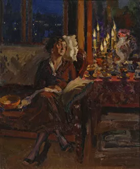Lady with Book in an Interior, 1917. Artist: Vinogradov, Sergei Arsenyevich (1869-1938)