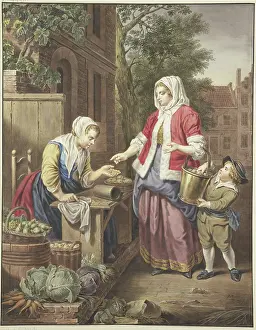 Market Prints: A lady with a boy buys apples, 1799. Creator: Jacobus Buys