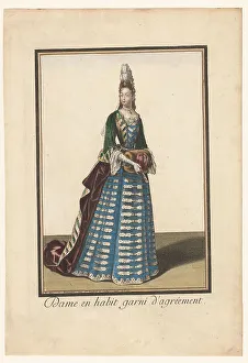 Hair Decoration Prints: Lady in a dress trimmed with embellishment, c.1685-c.1690. Creator: Unknown