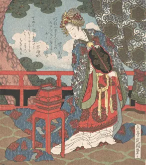 Horikawa Tar Prints: Lady with Fan Standing on Verandah, 19th century. Creator: Gakutei