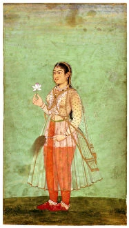 Mughal School Gallery: A Lady with Flower and Fly Whisk, c.1630. Artist: Indian Art