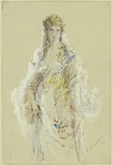 Lady in a flower-trimmed ball gown. Creator: Jules Lunteschutz