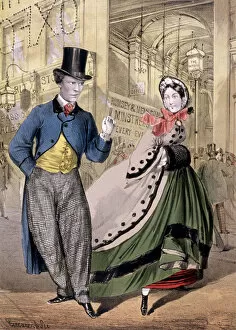 Oxford Street Gallery: A lady and a gentleman by the entrance to the Oxford Music Hall, Oxford St, Westminster, c1860