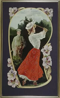 Caddy Gallery: Lady golfer playing a shot, watched by her caddy, c1910