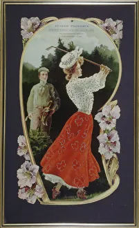 Caddy Gallery: Lady golfer playing a shot, watched by her caddy, c1910