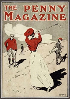 Sport Collection: Lady golfer taking a swing on the cover of The Penny Magazine, c1900