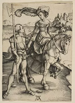 Codpiece Gallery: The Lady on Horseback and the Lansquenet, ca. 1497. Creator: Albrecht Durer