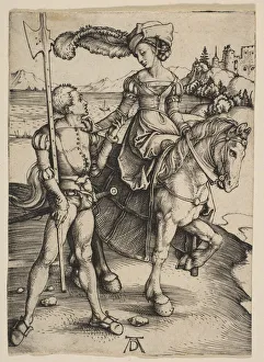 Slashed Prints: The Lady on Horseback and the Lansquenet, ca. 1497. Creator: Albrecht Durer