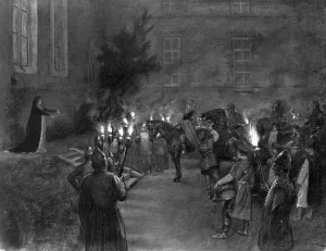 Burning Prints: Lady Macbeth welcomes King Duncan at the gates of Macbeths castle, 1909. Artist: J Simont