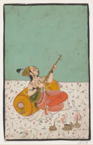 Bolster Prints: Lady Musician Playing a Sitar, ca. 1800. Creator: Unknown