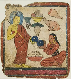 Naive Art Collection: Lady Offering Food to a Monk, From a Set of Initiation Cards (Tsakali), 14th / 15th century