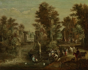 Swans Prints: A Lady with Her Retinue beside a River, date unknown. Creator: Pierre van Bredael