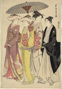 Kiyonaga Torii Prints: A Lady with Three Servants, from the series A Brocade of Eastern Manners (Fuzoku)