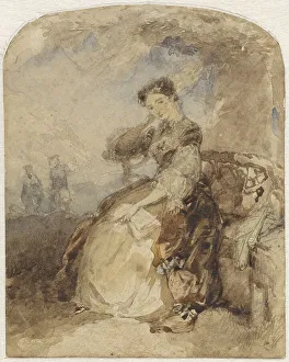 Lady sitting on a bench under a tree, with a book in hand, 1824-1894. Creator: Charles Rochussen