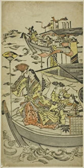 Lady Tamamushi raising a fan target, c. 1681/98. Creator: Sugimura Jihei